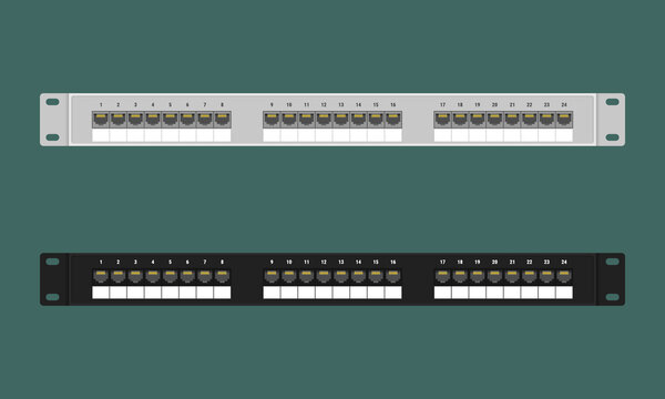 Set of 24 Ethernet ports patch panels for a 19-inch server rack or cabinet. Vector illustration in flat style
