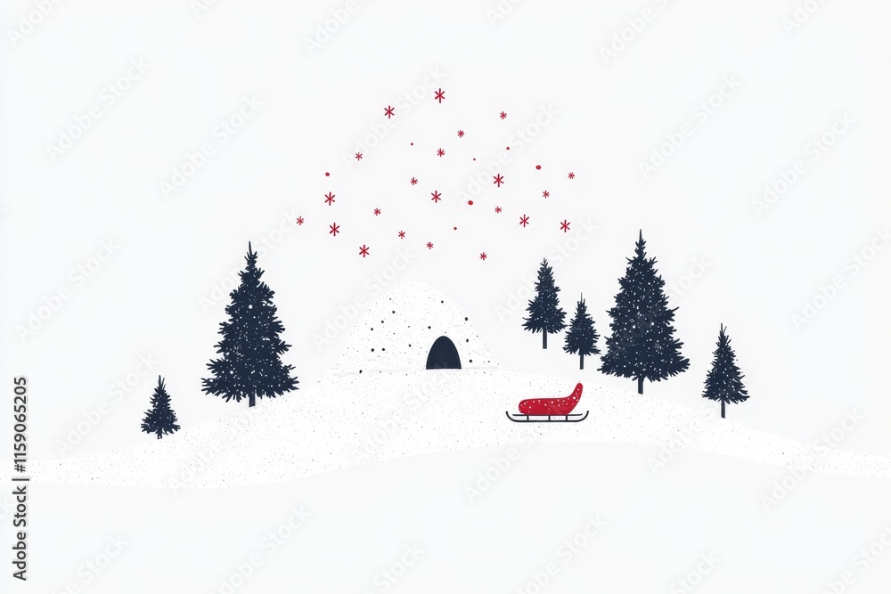 Poster a flat design of an igloo and a sled, illustrated in soft pastel tones with minimalist details on a 