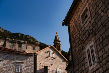 Fototapeta premium traditional stone montenegro houses with wppden window shuts, green gardens, amazing natural architecture of balkans