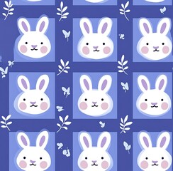 Cute Easter bunny seamless pattern with a pastel blue background,
