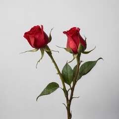 A close-up of a red rose bud just beginning to bloom, set on a white background.