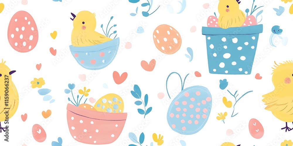 Canvas Prints Cute pastel Easter seamless pattern with Easter baskets, eggs, and chicks