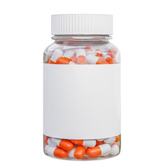 Medicine bottle with blank label. Realistic pills in transparent bottle. Pharmacy remedies 3D rendering.