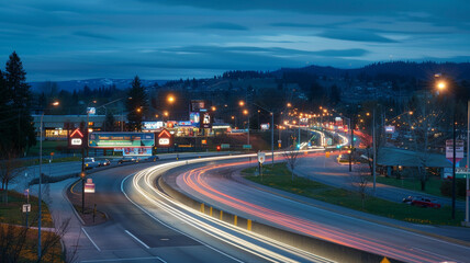A long-exposure shot captures car lights streaking down a highway, illustrating the constant motion of goods and people in modern transportation systems.