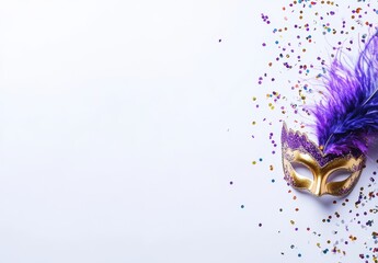 Naklejka premium Elegant Carnival Mask with Purple Feather Accents Surrounded by Colorful Confetti on a Light Background, Ideal for Celebration and Festive Themes