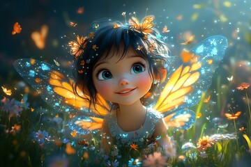 Enchanted Fairy Girl in a Meadow with Butterflies