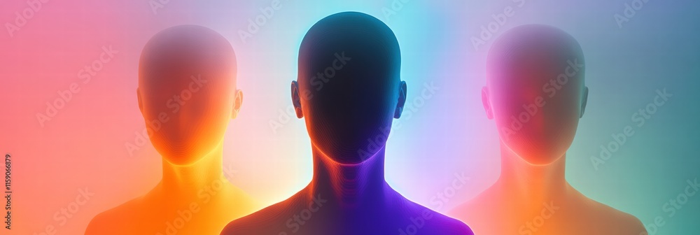 Poster abstract faceless avatars with vibrant colors and soft lighting ideal for mock up and place for text