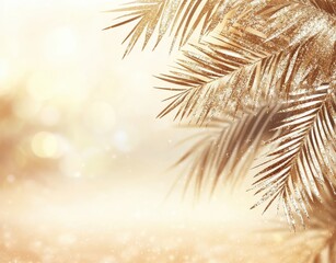 Fototapeta premium Elegant Close-Up of Sparkling Gold Palm Leaves Against a Soft Blurred Background, Perfect for Tropical, Summer, or Vacation-Themed Designs and Projects