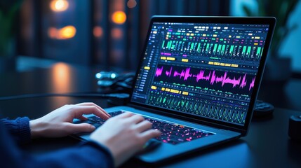 A person typing on a laptop displaying colorful audio waveforms at night.