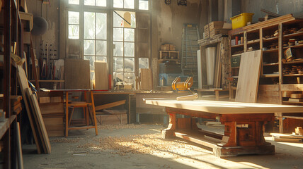 A workshop for custom furniture shows a woodworker sanding a polished table while surrounded by raw materials and finished creations.