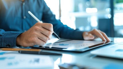 A person is using a stylus on a tablet to create or edit digital documents, surrounded by sheets of paper in a bright, modern workspace.