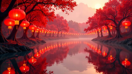Red lanterns in the forest. Red lanterns on the water.