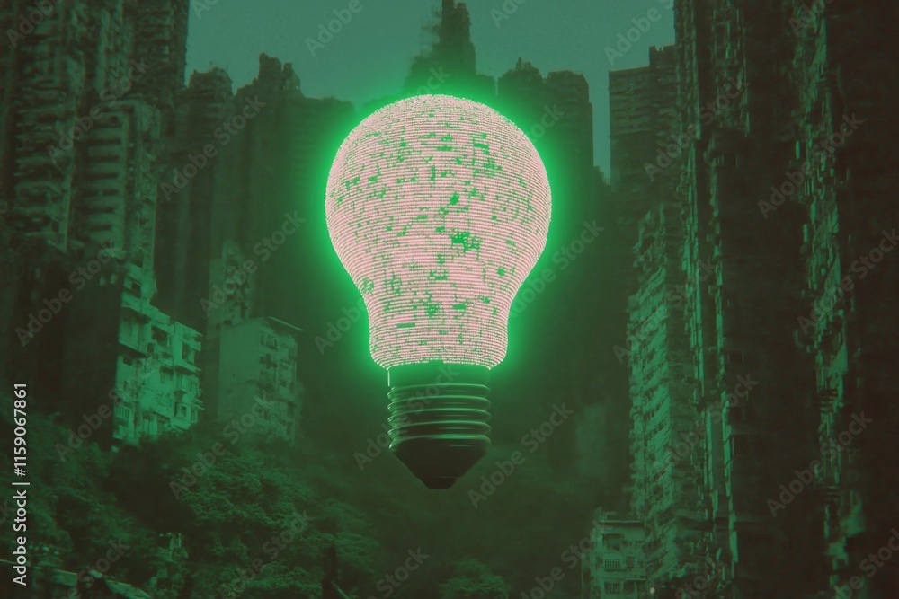 Poster a glowing lightbulb floating in a cyberpunk environment, with neon lights and holographic data strea