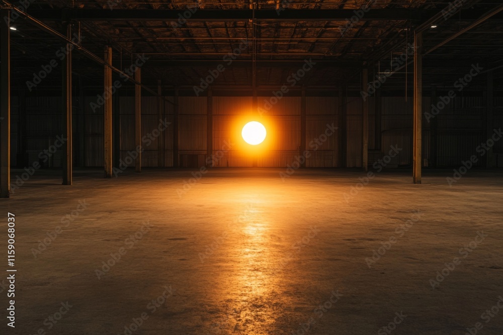 Poster a glowing lightbulb in the center of a dark warehouse, casting dramatic shadows across the vast empt