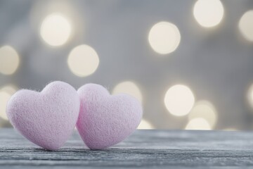 Fototapeta premium Two Pink Hearts on Wooden Surface with Soft Background