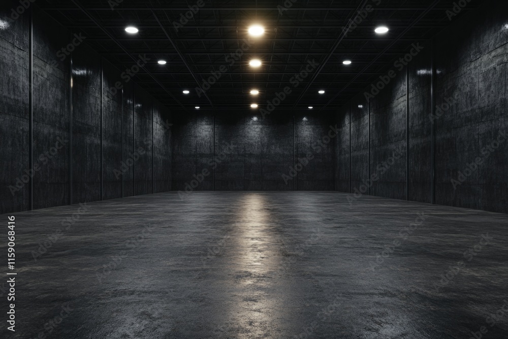 Poster a glowing lightbulb in the center of a dark warehouse, casting dramatic shadows across the vast empt