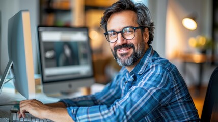 A smiling man with glasses works on a computer, showcasing a casual yet professional environment, with a blurred background.