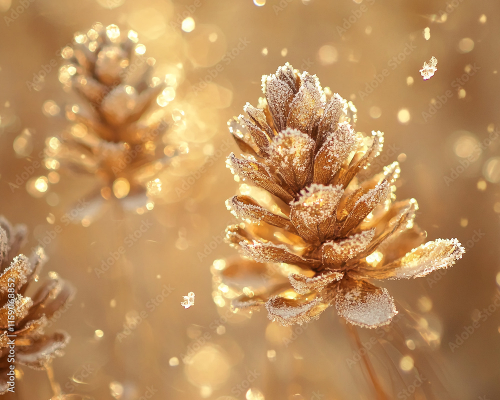 Poster frosted pinecone in golden light with sparkling snowflakes. winter background