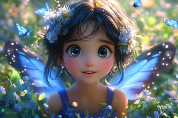 Cute Fairy Girl with Blue Wings and Flowers in a Spring Meadow
