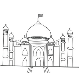 Cute cartoon hand drawn vector taj mahal mosque with a dome coloring page.