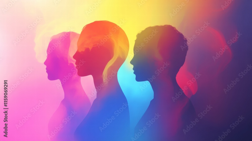 Poster creative abstract faceless avatars showcasing diversity with vibrant colors and smooth gradients for