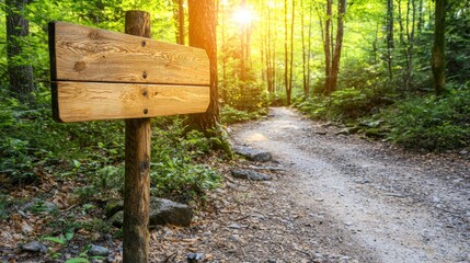 Hiking trail signage forest path nature photography sunny environment close-up view