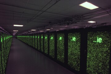 A high-tech server room in Ireland, with glowing green ".ie" symbols projected on the walls