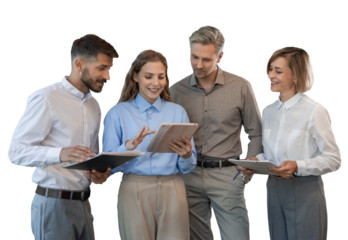 Four business people discussing work together using a tablet on a transparent background