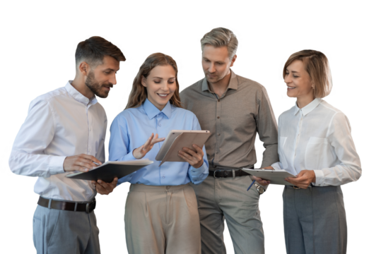 Four business people discussing work together using a tablet on a transparent background - Powered by Adobe