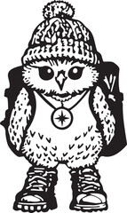 illustration of an owl in a cap with backpack