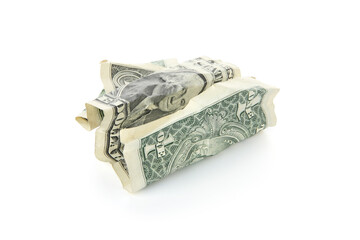 One crumpled dollar banknote isolated on white