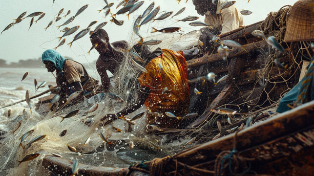 In Senegal; fishermen pull in a large catch from the sea using a worn wooden boat and a net; confronting the twin challenges of overfishing and a lack of modern tools.