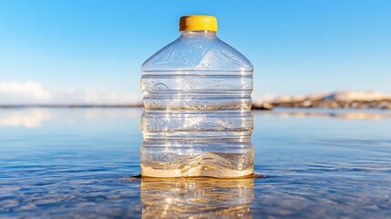 Obraz premium Close-up Photo: Empty Plastic Bottle Sadly Reflecting on Calm Coastal Waters. AI Generated