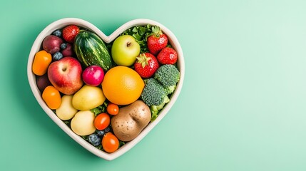 Heart-Shaped Bowl Filled with Colorful Organic Fruits and Vegetables