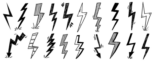 Hand drawn doodle electric thunderbolt lighting stroke set. Electricity shock weather drawing illustration