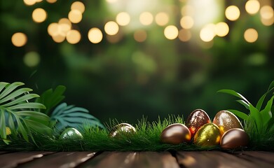 Easter background with green grass, leaves, and Easter eggs on a wooden table