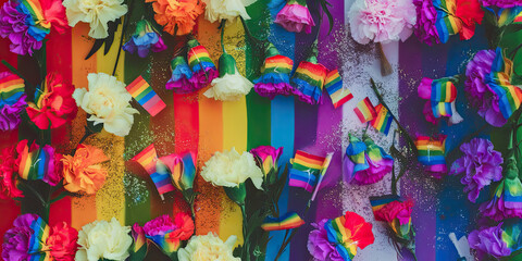 Fototapeta premium Rainbow Pride LGBTQ Carnations Flags Festive Background