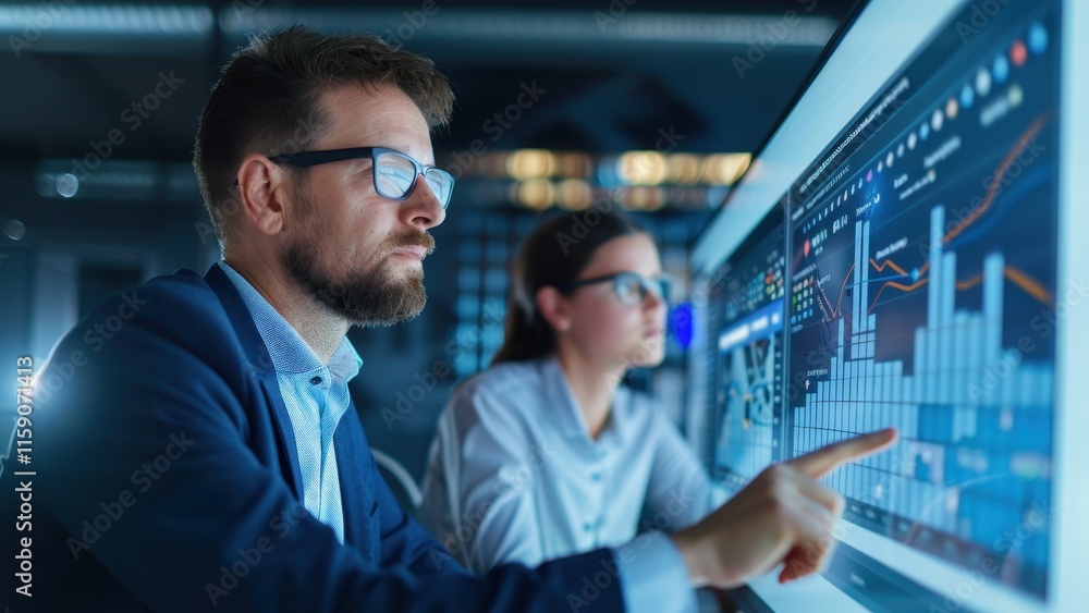 Poster two professionals analyze data on a large screen, focusing on charts and graphs in a modern, high-te