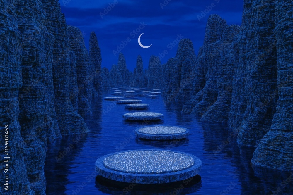 Poster a magical iftar scene with floating plates of glowing food, crescent moons in the sky, and lanterns 