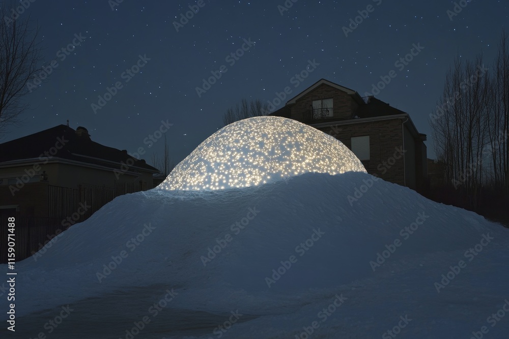 Poster a magical igloo surrounded by glowing snowflakes and shimmering light, with mystical creatures peeki