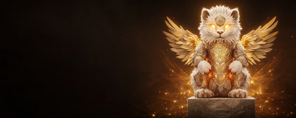 Obraz premium A winged creature resembling a cat, adorned with glowing elements, sits majestically on a pedestal against a dark background.