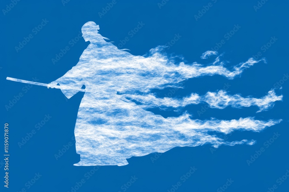 Poster a minimalist icon of an iaido practitioner in motion, with flowing lines representing the fluidity o