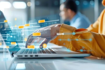 A person is typing on a laptop with digital data graphics overlay, representing technology and information processing.