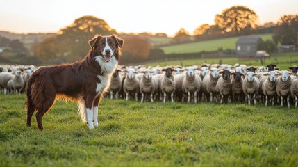 Obraz premium A loyal dog stands guard in a lush green field, watching over a flock of sheep during a serene sunset.