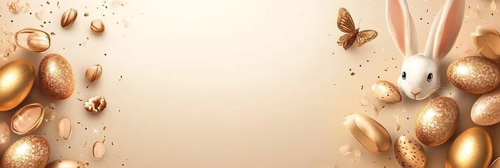 Easter banner with golden eggs, bunny ears, and nuts on a beige background