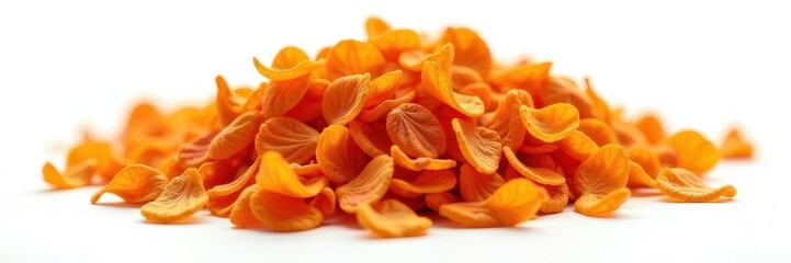 Close-up of dried safflower petals in a pile isolated on white background, nature, botanical