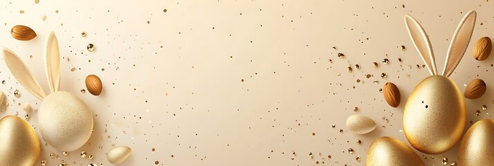 Easter banner with golden eggs, bunny ears, and nuts on a beige background