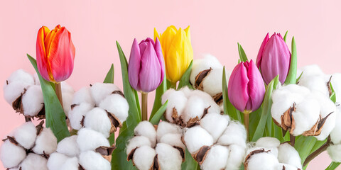 Fototapeta premium Spring Tulips Cotton Blooms Pink Background
