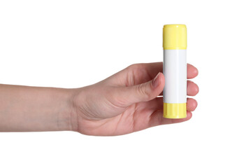 Woman with glue stick on white background, closeup