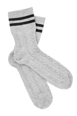 Pair of soft socks isolated on white, top view